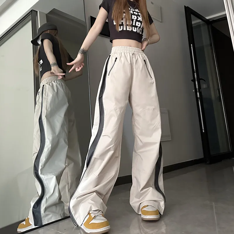 

2023 Y2K Techwear Sweatpants Women High Street Zipper Splicing Hip Hop Cargo Parachute Track Pants Wide Leg Joggers Trousers