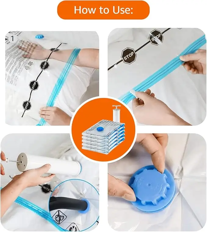 Vacuum Compression Storage Bags with Hand Pump, Multiple Pack of 12 (3 Jumbo, 3 Large, 3 Medium, 3 Small), Clear, Ideal for Trav 3