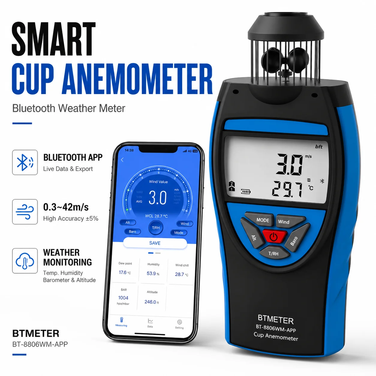 BTMETER 디지털 컵형 풍속계 (앱 포함), 풍속 데이터 로거, 기압계, 온도, 습도, 고도 측정 기능이 있는 공기 흐름계