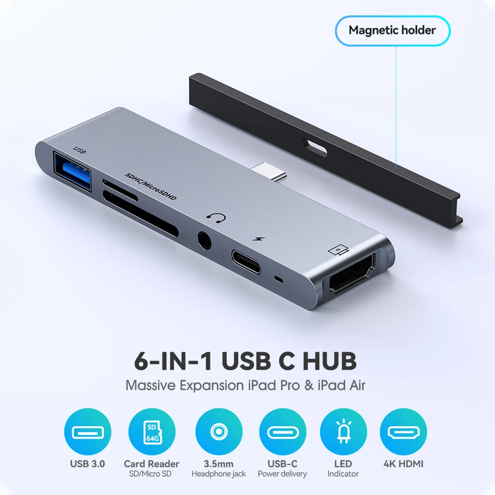 Flyland 6-in-1 USB Hub for iPad Pro 4K HDMI-compatible Type C Adapter Magnetic Holder 60W PD USB 3.0 Dongle usb hub adapter usb port adaptor usb hub converter