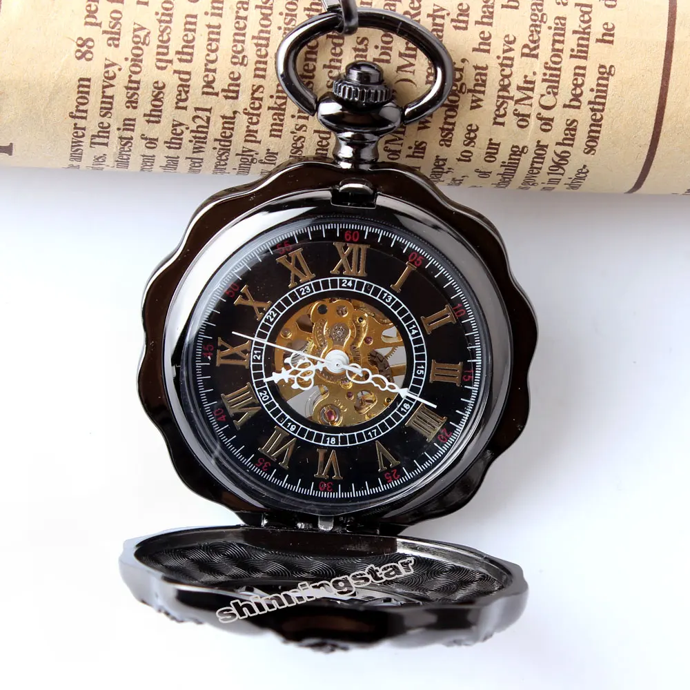 Fashion Chic Black Vintage Pocket Watch Mechanical Hand-winding  Men Ladies Hollow Pocket Watch Necklace Sweater Chain Clock New