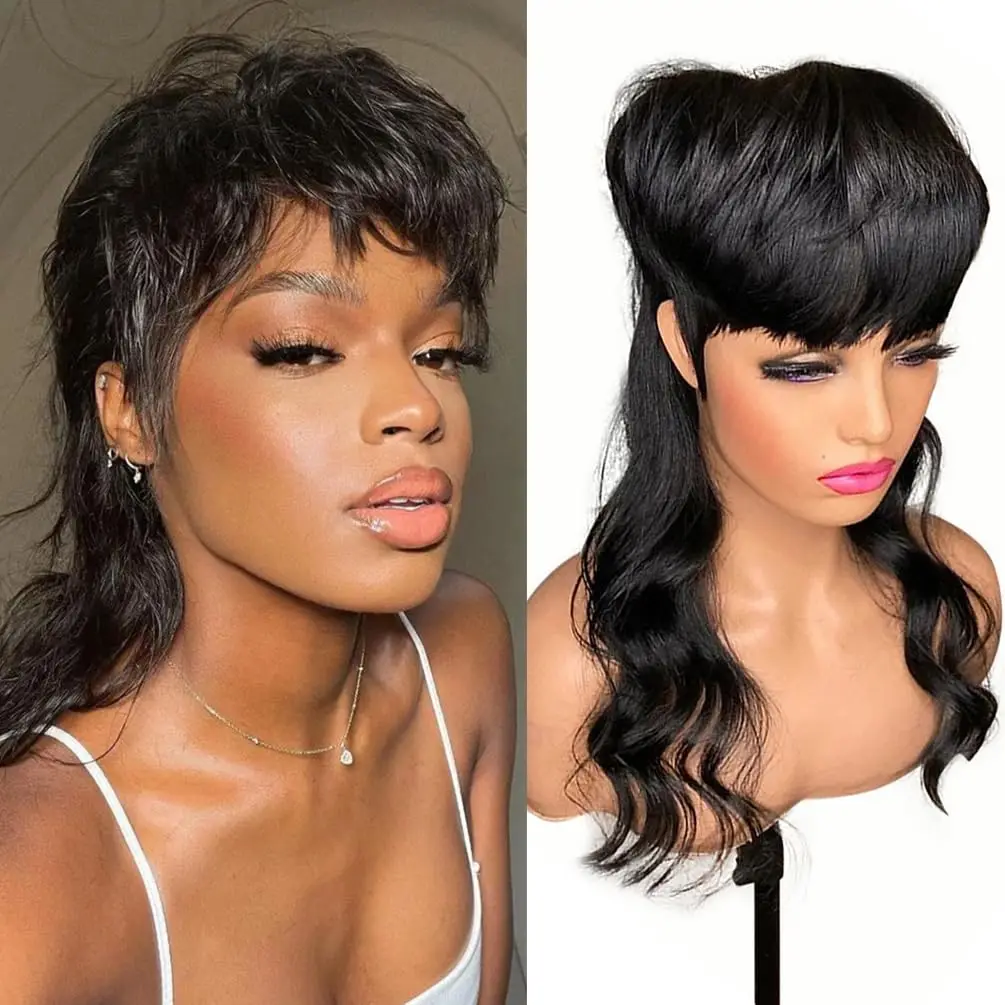 

YARRA Full Machine Made Wig With Bangs Mullet Swallow Body Wave Brazilian Human Hair Wigs For Women Short Pixie Cut Wigs