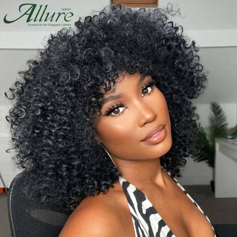 

Short Afro Curly Human Hair Wigs With Bangs Black Women Wear to Go Glueless Fluffy Wigs Highlight Brown Brazilian Hair Allure