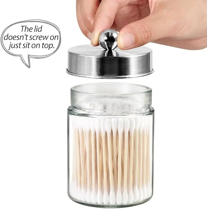 3-Piece Apothecary Jar Set, Stainless Steel Lids, Includes Stickers, for Q-Tips, Cotton Swabs, or Makeup Sponges, Brushed Nickel 3