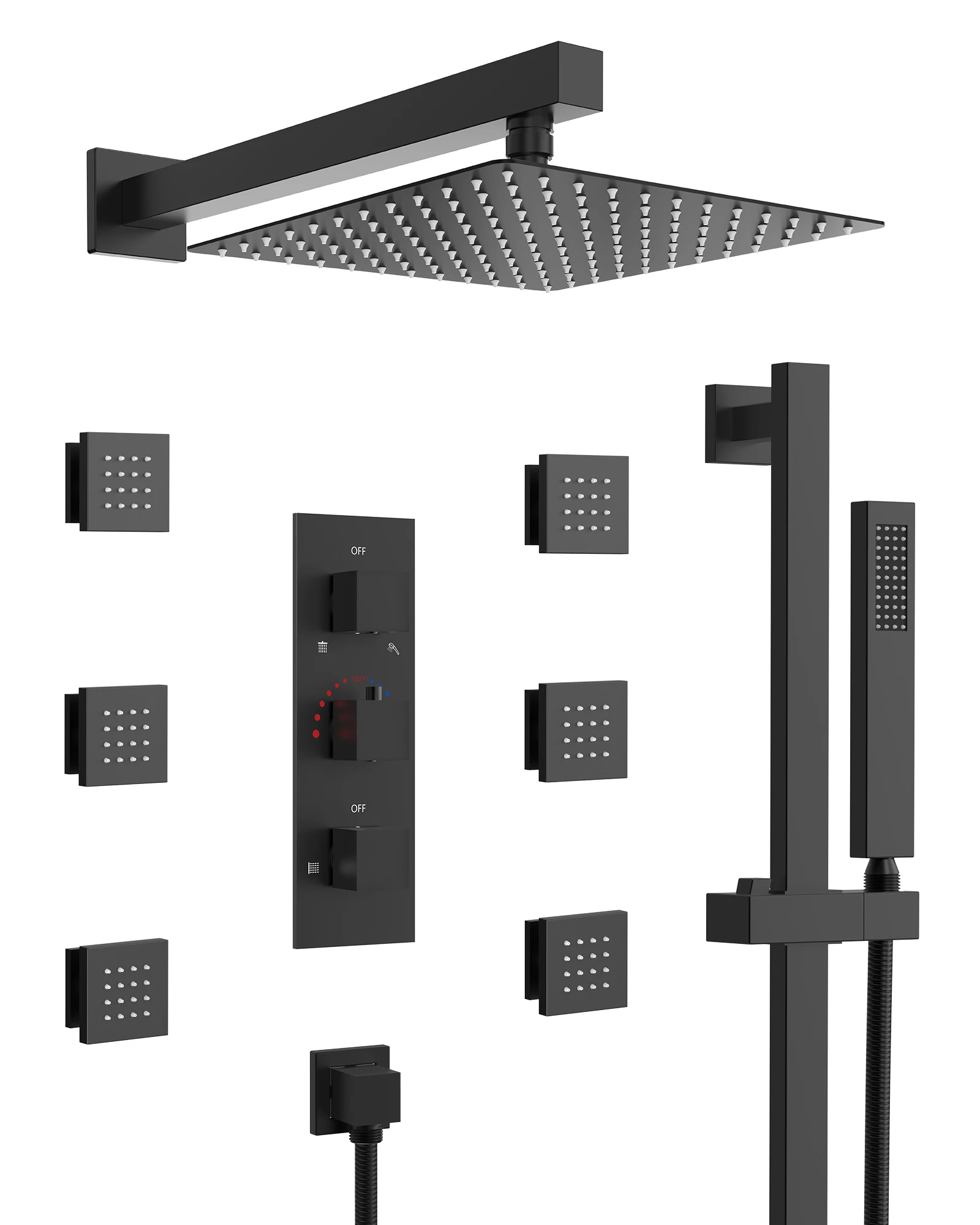 EVERSTEIN Wall Mounted Shower Faucet System Bathroom 12 inch Shower Head with Rough Valve 6 Body Massage Jets & Handheld Spray 2