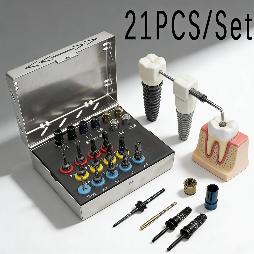 21-teiliges Dental-Osseodensifikations-Bohrerset mit Implantationschraubendrehern und Stoppern