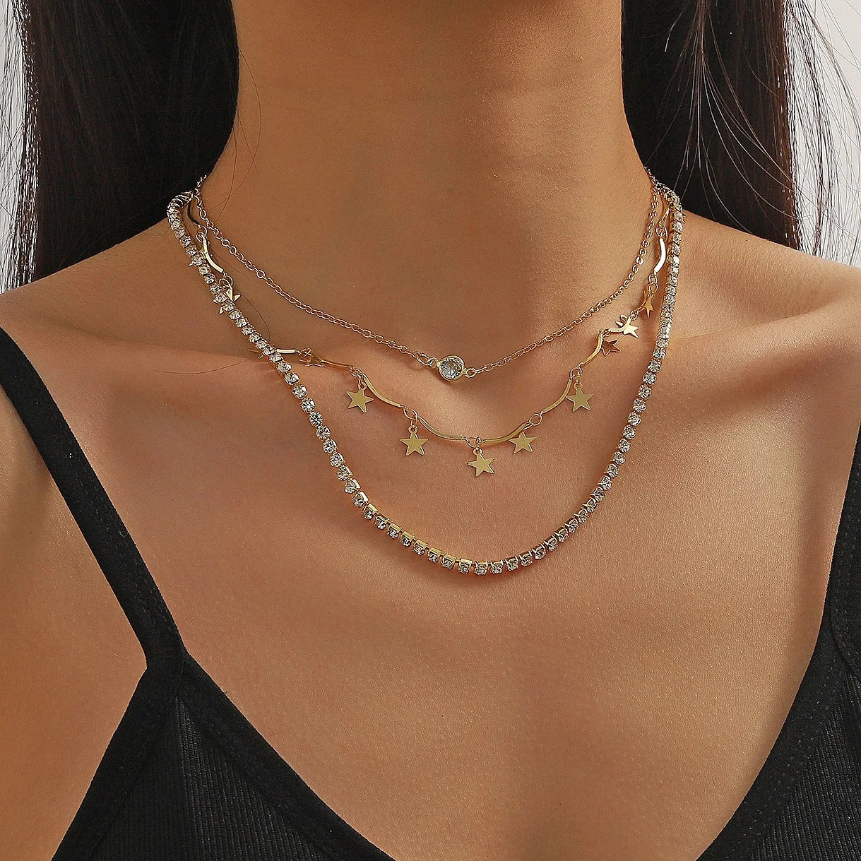 

Multi Layered Metal Necklace with Five Pointed Star Stacked Zircon Design