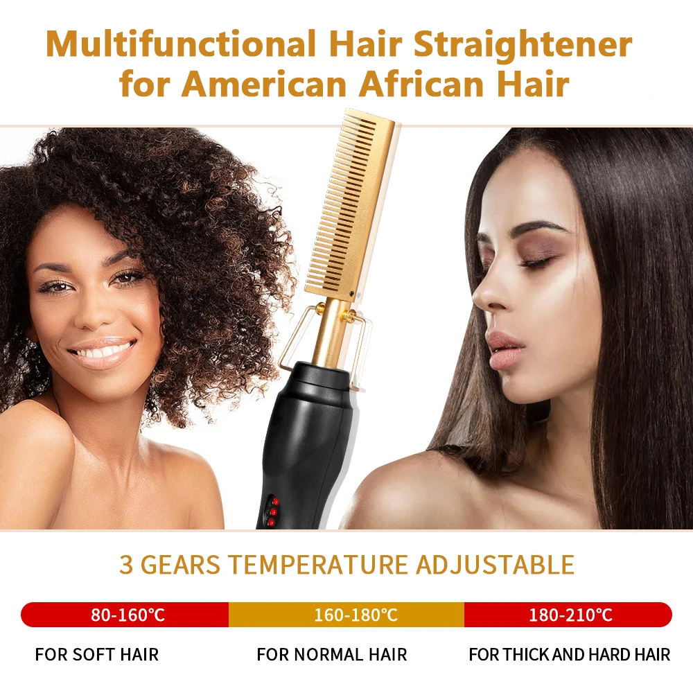 Electric Hot Heating Comb 3-in-1 Hair Straightener Hair Smooth Flat Iron Straightening Brush for wigs Curling Iron 3