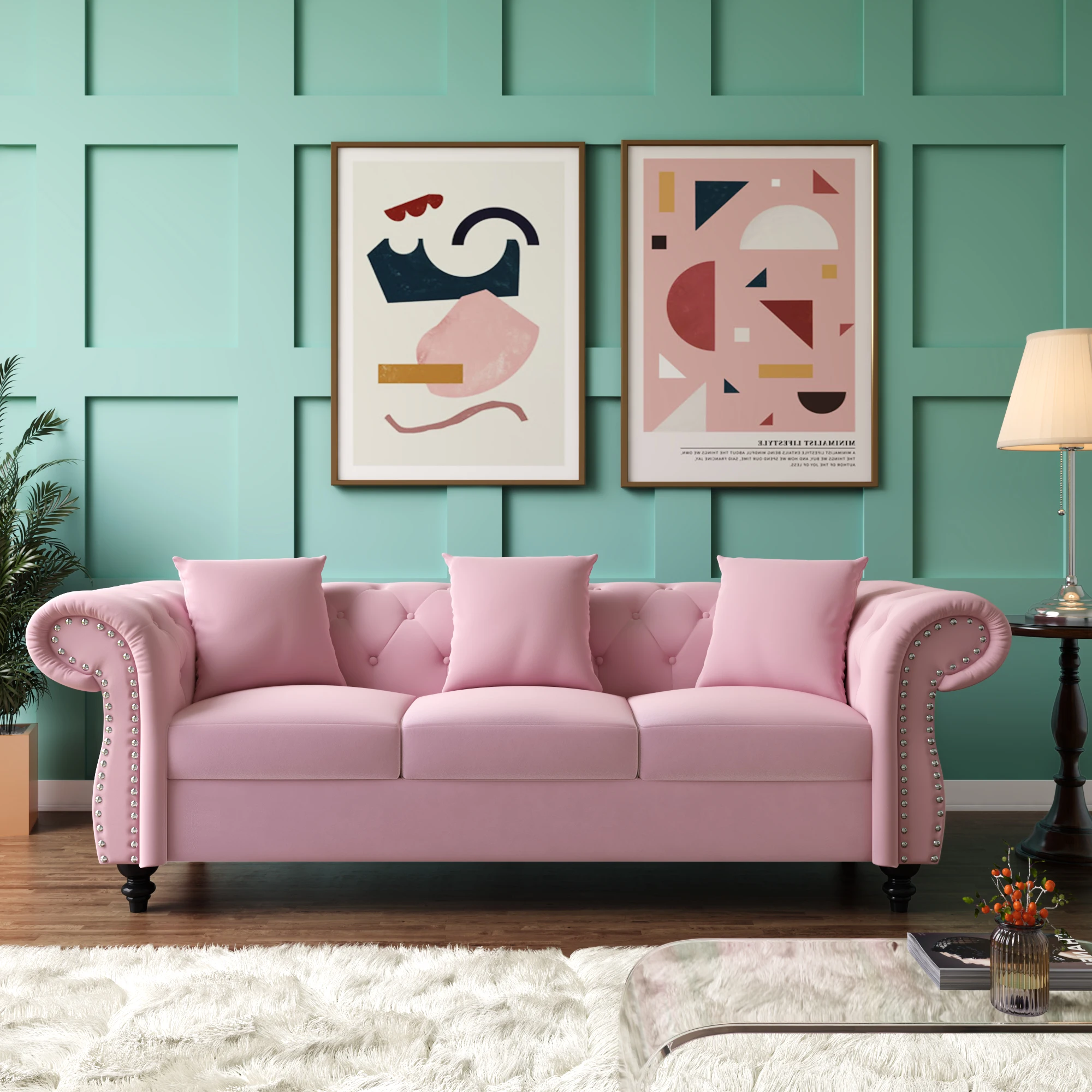 

[New]80"Chesterfield Sofa Tufted Velvet Upholstered 3-Seater Sofa Scrolled Arms W/Nailhead Decoration 3 Pillows included[US-W]