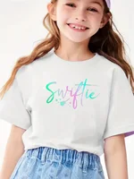 Children SWIFTIE Letter Printing Girl Crew Neck Short Sleeve T-shirt, Girls Summer Outdoor Short Sleeves Tops 3-14years 2
