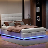 Кровать с обивкой 140*200 см, светодиодное освещение, гидравлическая кровать, ящик и решетчатый каркас, чехол из искусственной кожи, двуспальная кровать