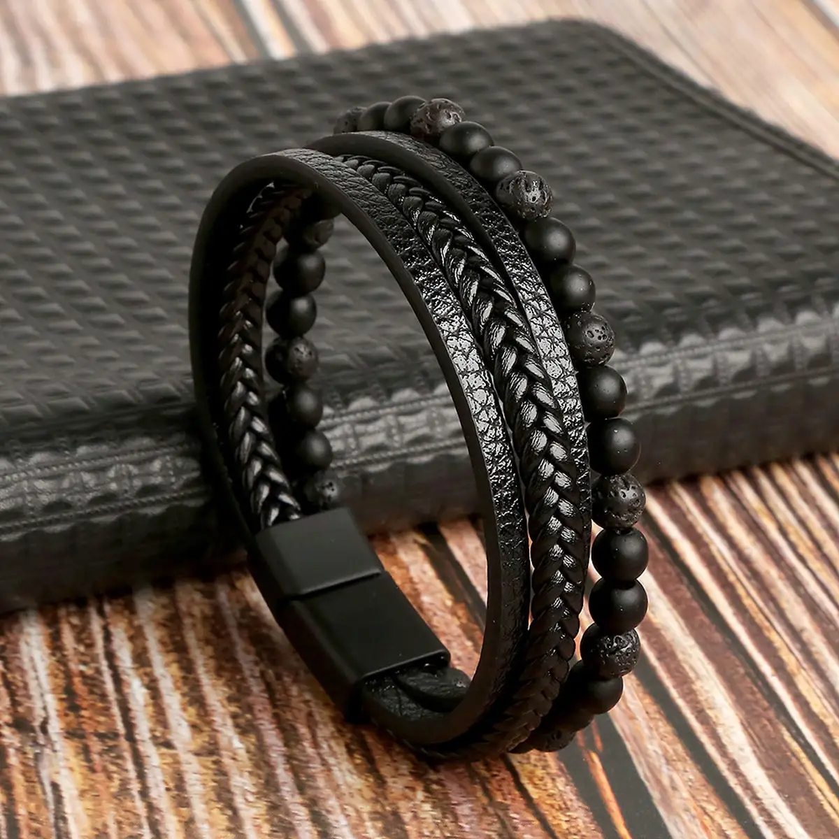 Vintage Men's Natural Stone Lava Matte Black Onyx Multi-Layer Leather Beaded Bracelet leather bracelet beaded bracelet stone bracelet