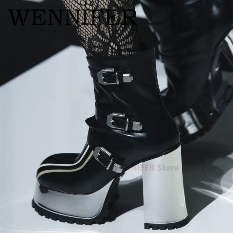 

Ботильоны женские из лакированной кожи, зеркальные полусапожки с металлической пряжкой, квадратный носок, средний блочный каблук, повседневная обувь на массивном каблуке