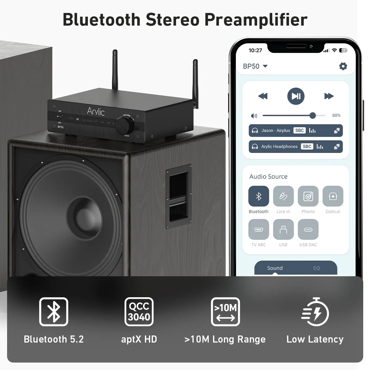 Arylic BP50 Bluetooth Stereo aptx HD Audio Preamplifier Receiver 2.1 Channel Mini Class D Integrated Amp for Home Speakers