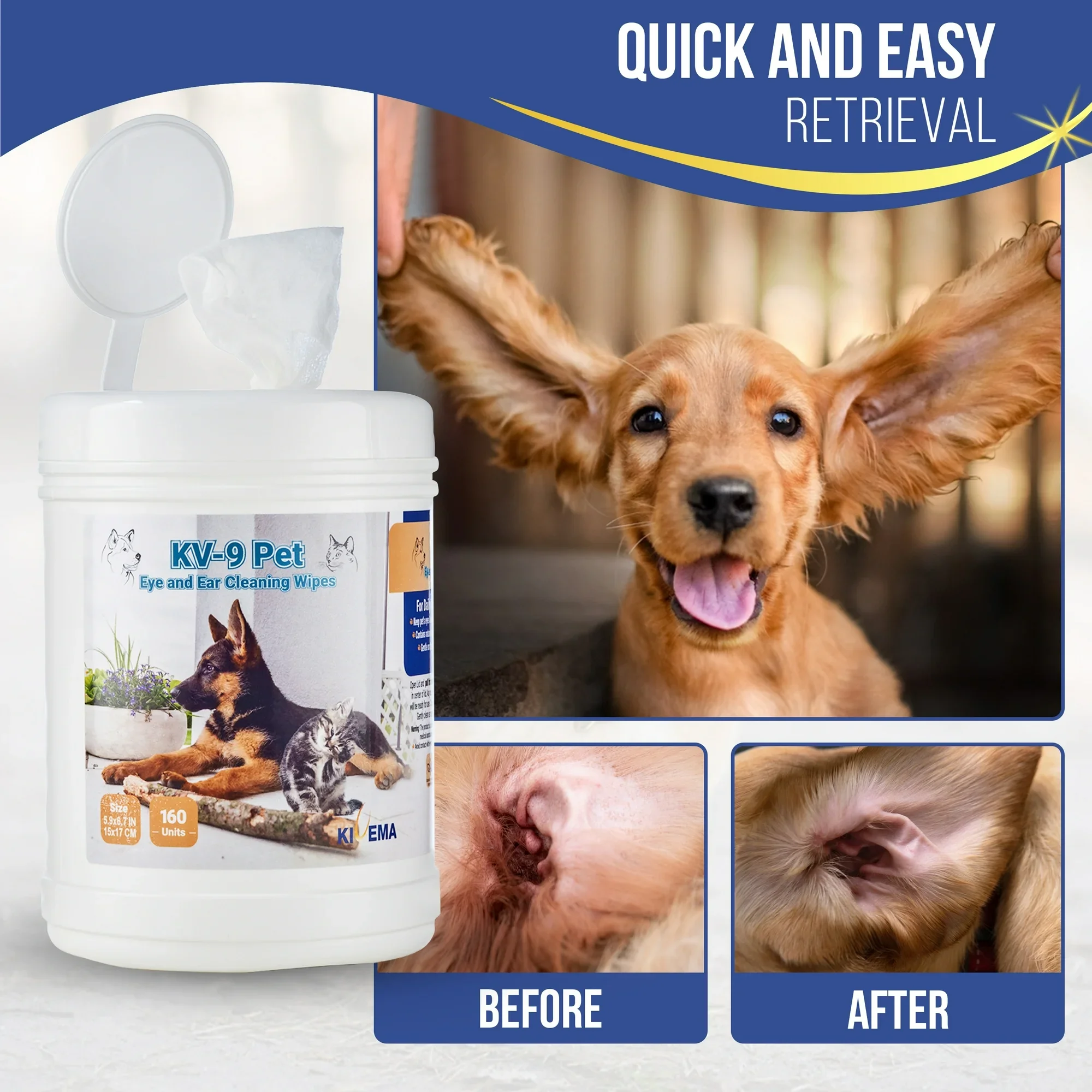 Kivema PETS Eye & Ear Wipes-160 Count-Natural Ingredients, Gentle on Skin for Cleaning Dog's Eyes and Ears