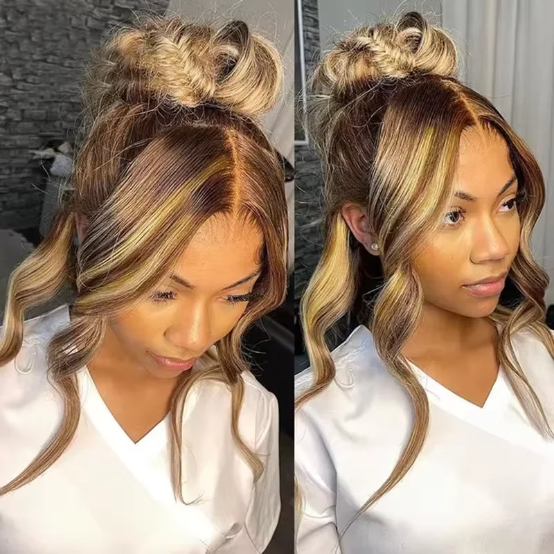 Highlight Front Wigs Human Hair Pre Plucked Hairline P4/27 5x5 Glueless Lace Straight Wig Human Hair Wigs For Women 250 Density