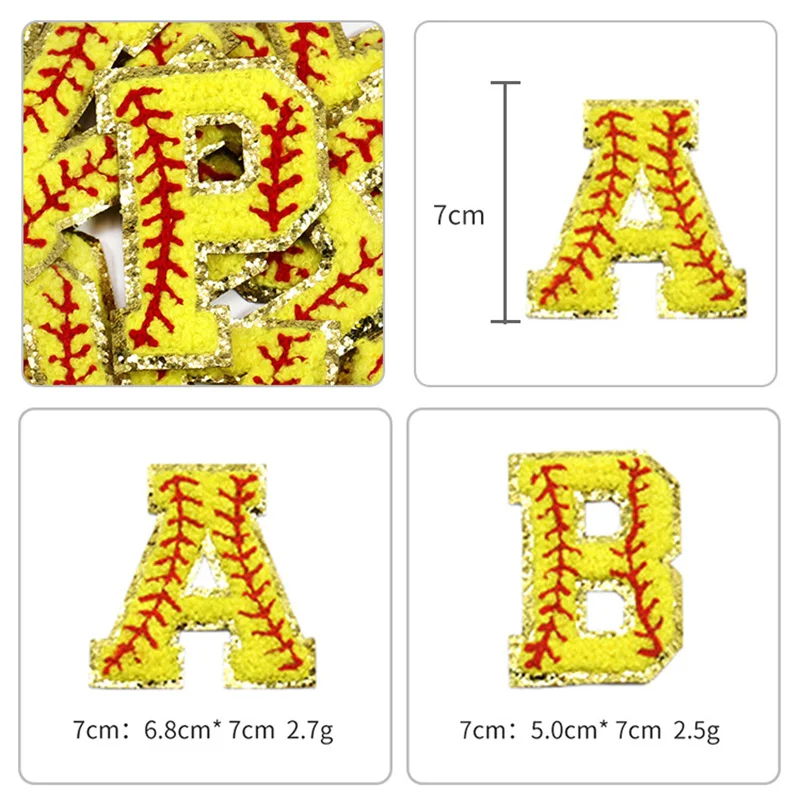 Žehlička na náplast 7cm baseballová ručník vyšívané dopis patche žlutý žinylkové anglický glittery pohraniční nášivka