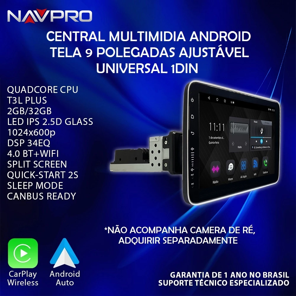 Central Multimidia 1DIN UNIVERSAL Tela 9 polegadas Android T3L Plus Vidro IPS 2GB/32GB DSP