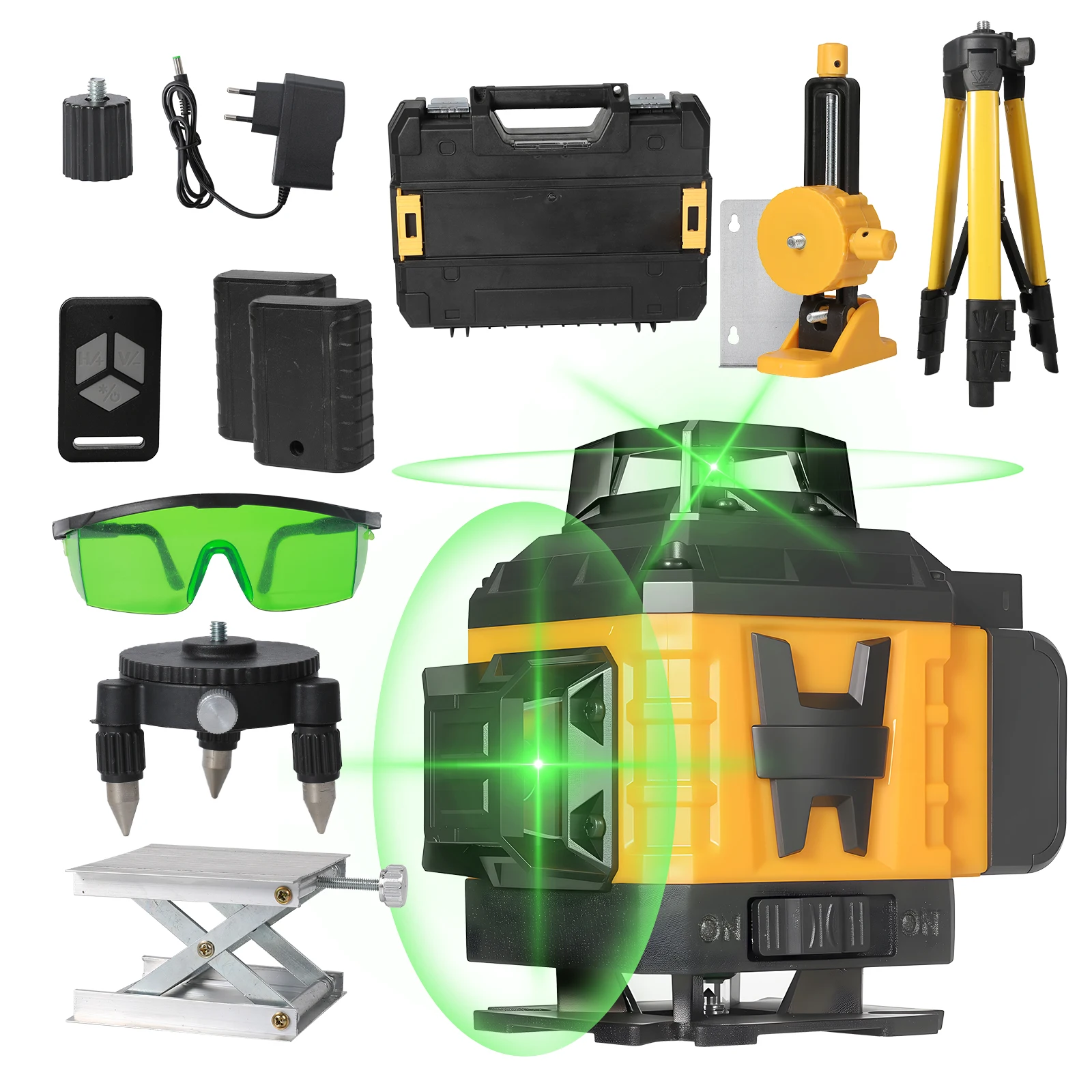 Poziomica laserowa 4D z 16 liniami, linie poziome i pionowe, zielona wiązka, 360 stopni ° Poziomica laserowa samopoziomująca z pilotem i statywem