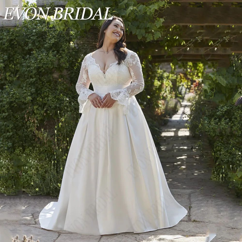 EVON BRIDAL Vintage Plus Size Lace Wedding Dress V-Neck Satin A-Line vestidos novias boda Bride Gowns Applique Custom Made 4