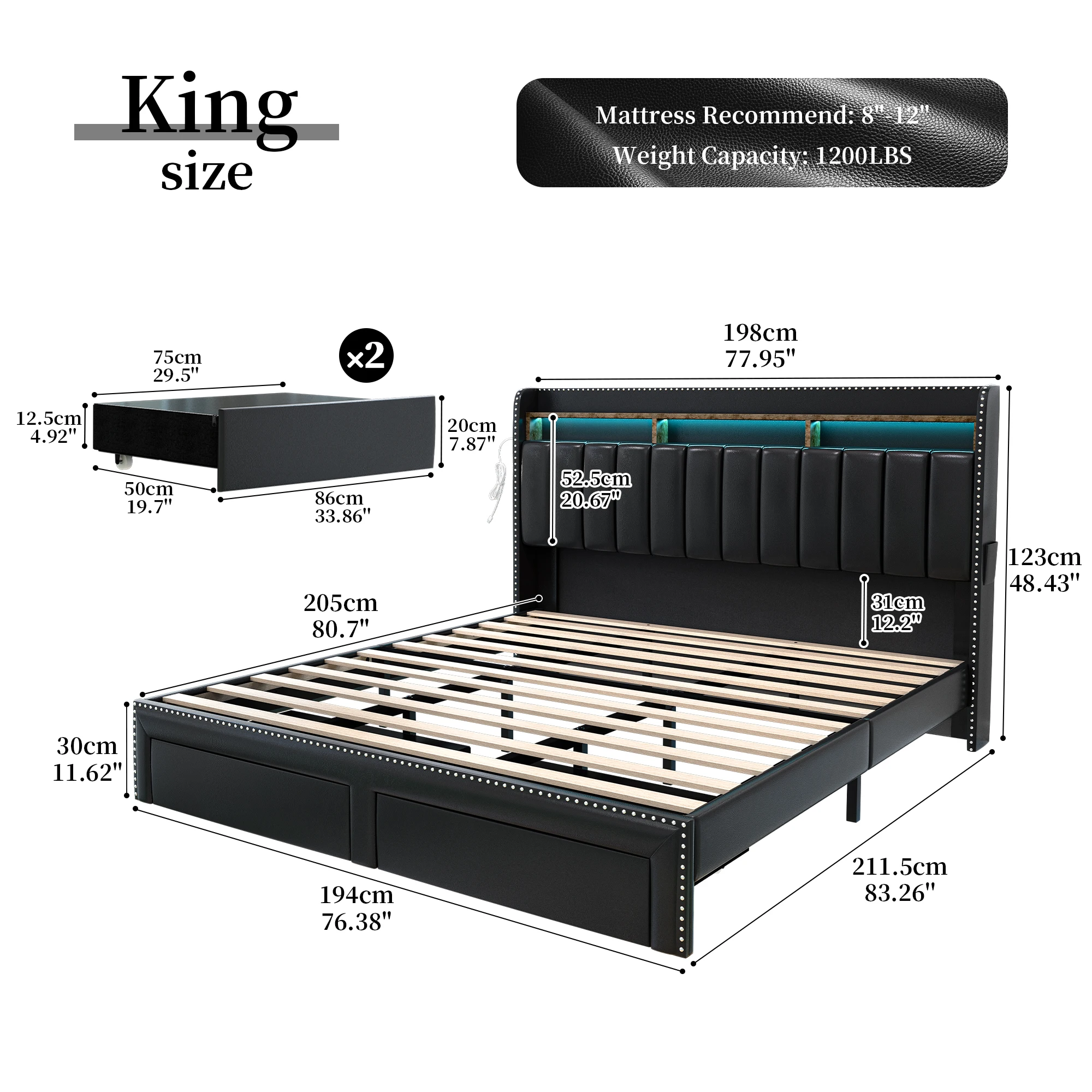 SIBEDS Queen LED Bed Frame with Storage Drawers, Upholstered Platform Bed with 2-Tier Wingback Headboard, No Box Spring Needed