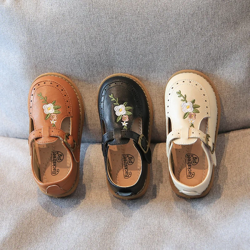 Genuine Leather Girls T Strap Shoes Kids Flat shoes Princess Embroidery Flower Shoes Breathable