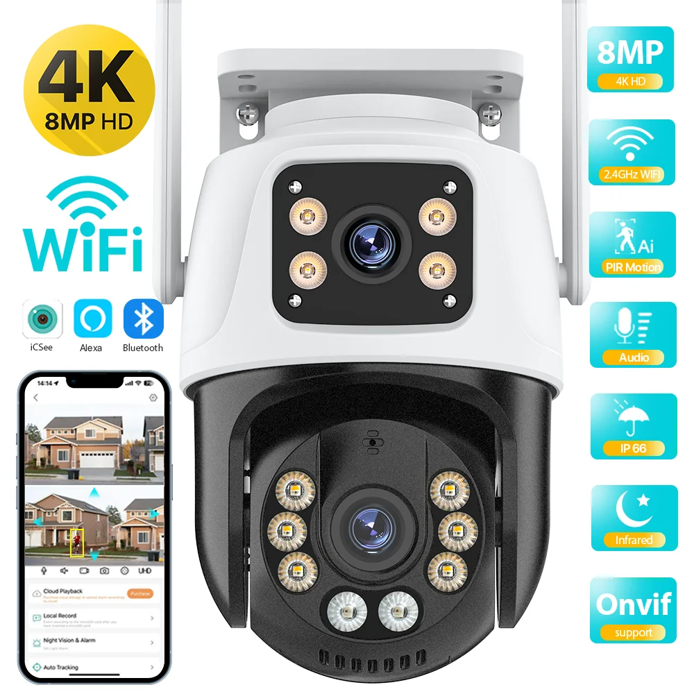 듀얼 렌즈 360 ° 와이파이 카메라, IP66 보안 보호, 8MP 4K 무선 야외 인체 감지, ICSEE 비디오 감시 PTZ 카메라