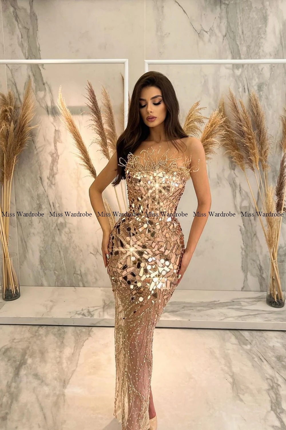 Robe Longue Kaki Transparente À Col Bateau Et Sequins | Robes | PLT FR