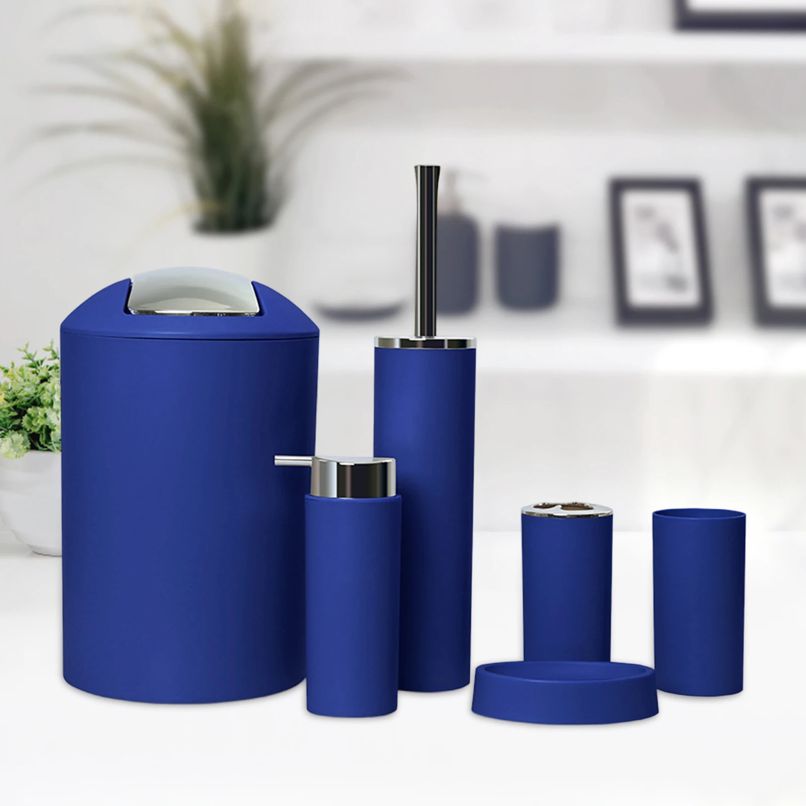 Six Piece Plastic Bathroom Set Soap Dish Trash Can Toilet Brush