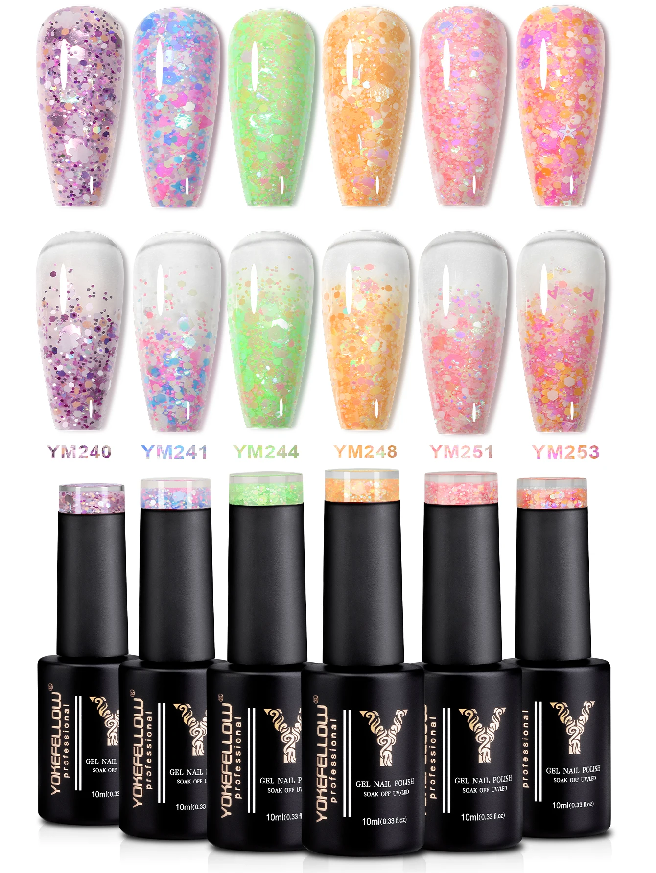 Description Picture 3 of itemYOKEFELLOW 10ml Glitter Gel Nail Polish Y2K Sugar Sparkly Shiny Glitter Sequins Soak Off UV Gel Varnish Colorful DIY Nail Art