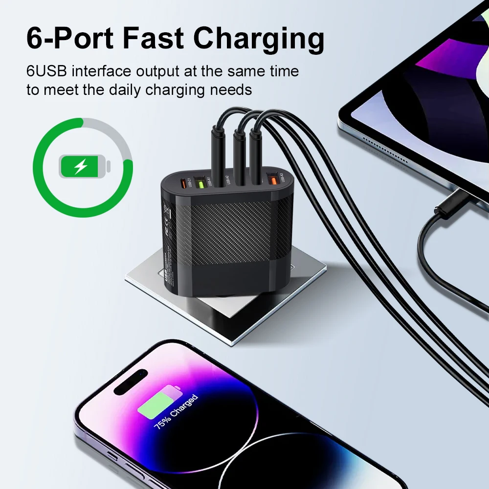 3.1A 5-Port USB PD Charger Adapter Fast Charging QC 3.0 Wall Plug for Xiaomi iPhone 15 16 Samsung Mobile Phone Power Charging