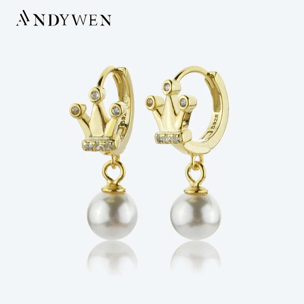 

ANDYWEN 100% 925 Sterling Silver Gold Queen Pearl Drop Earring Clips Piercing Pendiente Women Luxury Rock Punk Fine Jewelry