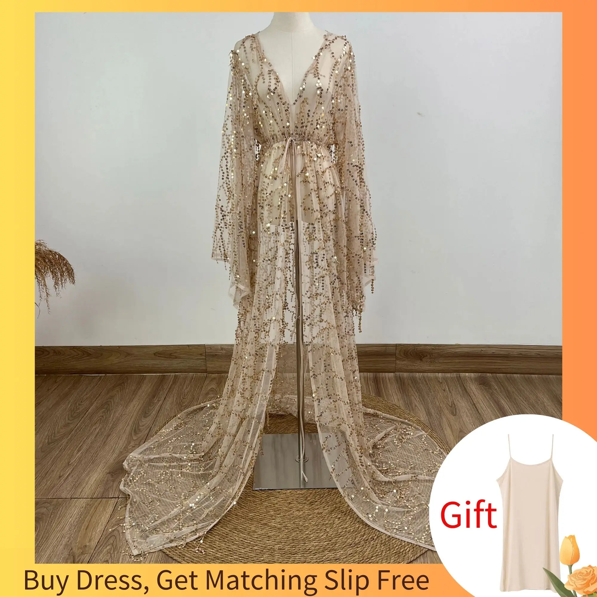 Don&Judy Gold Free Size Boho V-neck Long Sleeves Sequence Dress Sexy Maternity Robe Gown Photography Dresses Baby Shower Gifts
