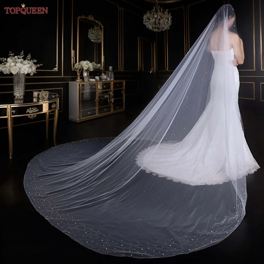 TOPQUEEN V145 Luxury Long Veil Cathedral Drop Wedding Veil with Pearls 5 Meters Wedding Veils Bridal Covers Cape Off White
