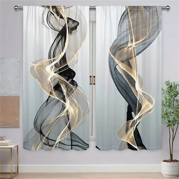 2 Pcs Abstract Art Curtains Black Gold Streamline Pattern Living Room Bedroom Window Decorative Curtains Modern Minimalist Style 2