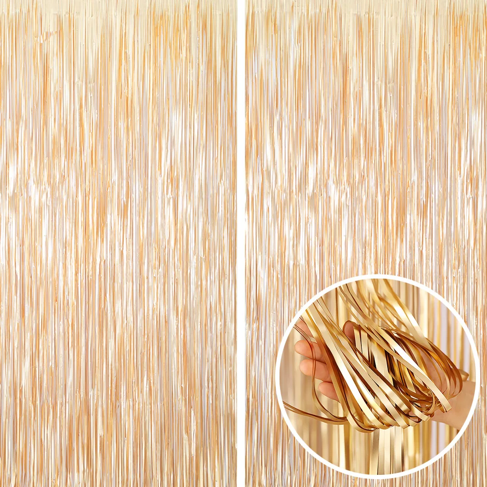 Rose Gold Metallic Foil Tinsel Fringe Curtain - Party & Event Backdrop Decoration