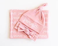 Personalized Swaddle Blanket Custom Newborn Swaddle Set Knot Hat bow wrap beanie Personalized Boy Gir Baby Wrap for Hospital 1
