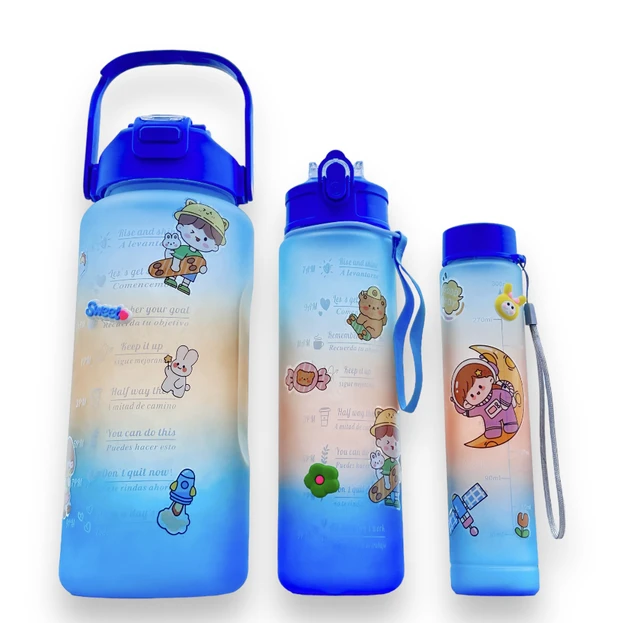 Kit 3 Water Bottle 2L 900ml 300ml With Motivational Stickers Cell Door Academy Random Color 5