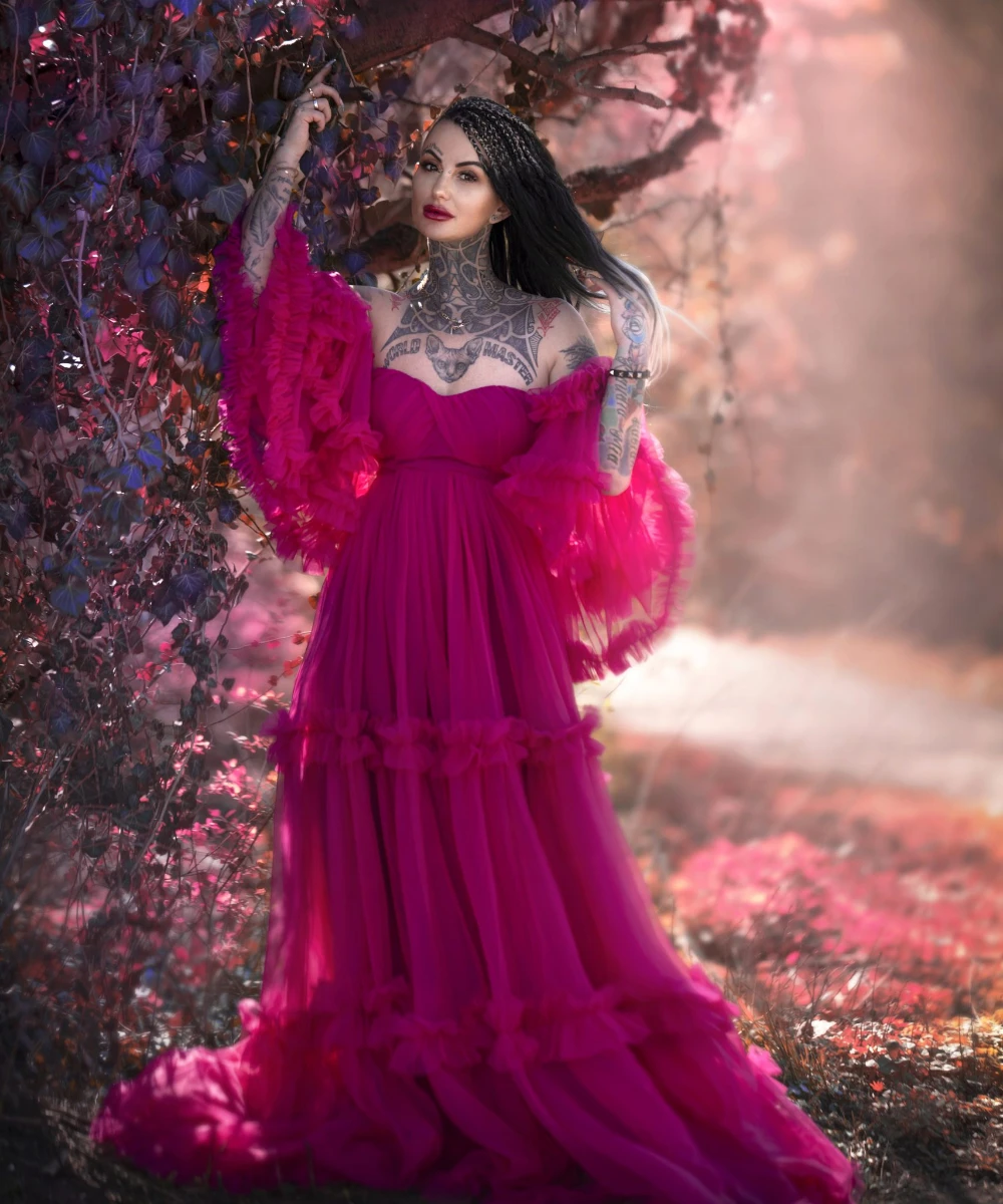 Puffy Fuchsia Tulle Maternity Gowns for Photoshoot Off Shoulder Ruffles Pregnant Women Dresses Long Sleeves Pregnancy Robes