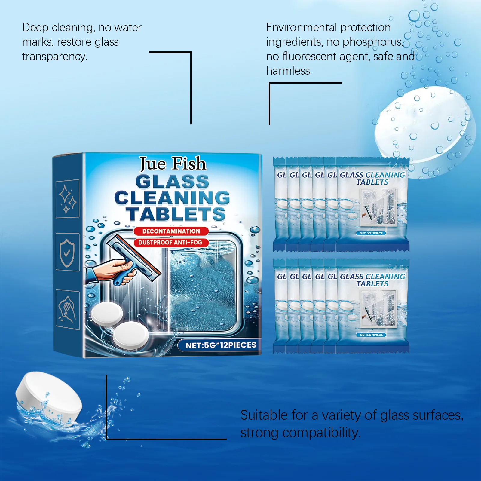 Jue Fish 12pcs Glass Cleaner Tablet Water Spot Remover Shower Door Descaling Glass Surface Mirror Cleaning Window Cleaning Agent