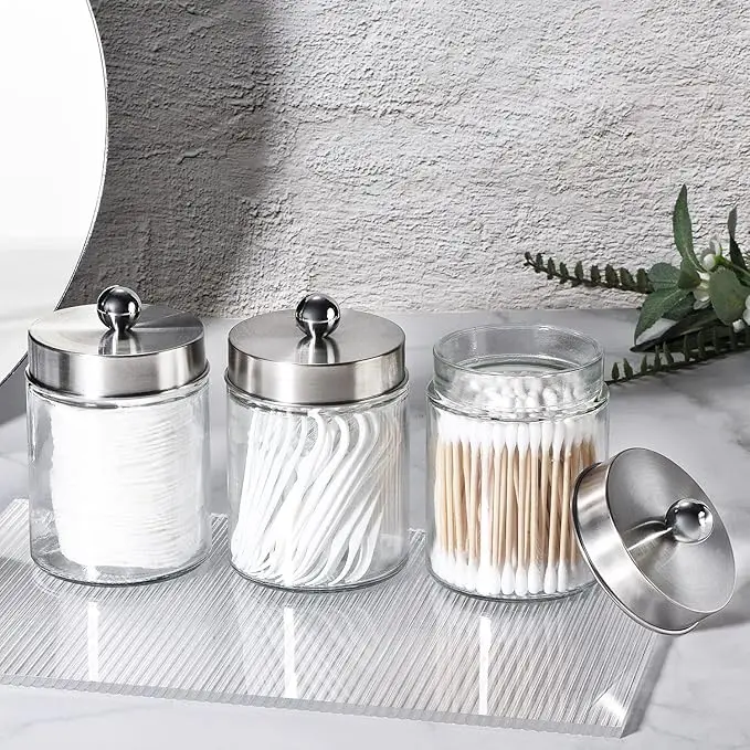 3-Piece Apothecary Jar Set, Stainless Steel Lids, Includes Stickers, for Q-Tips, Cotton Swabs, or Makeup Sponges, Brushed Nickel 6