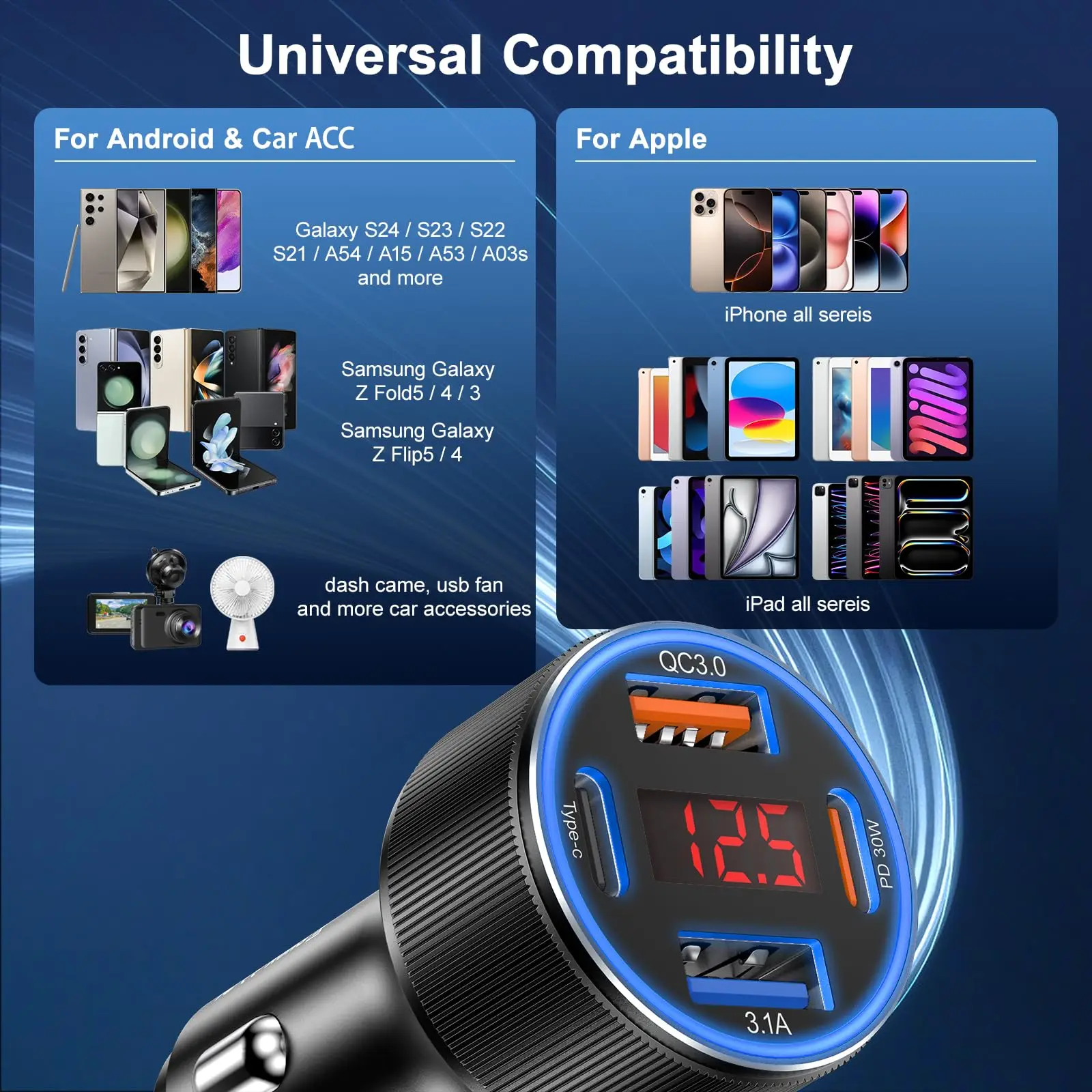 Caricatore Auto 6 in 1 con Display QC, Adattatore USB PD Tipo C, Cavo Ricarica Rapida per iPhone, Accendisigari, Accessori Inter - immagine 5