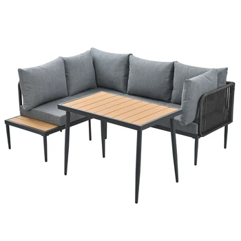 Set da pranzo da giardino con divano angolare e tavolo, struttura in acciaio galvisato, tavoletta in plastica e legno, mobili da esterno, grigio 1
