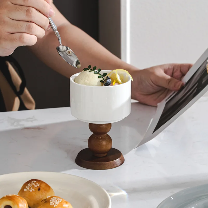 French Vintage Dessert Ice Cream Ceramic Goblet High-legged Retro Wooden Handle Tea Fruit Saucer Pudding Cup Candle Holder