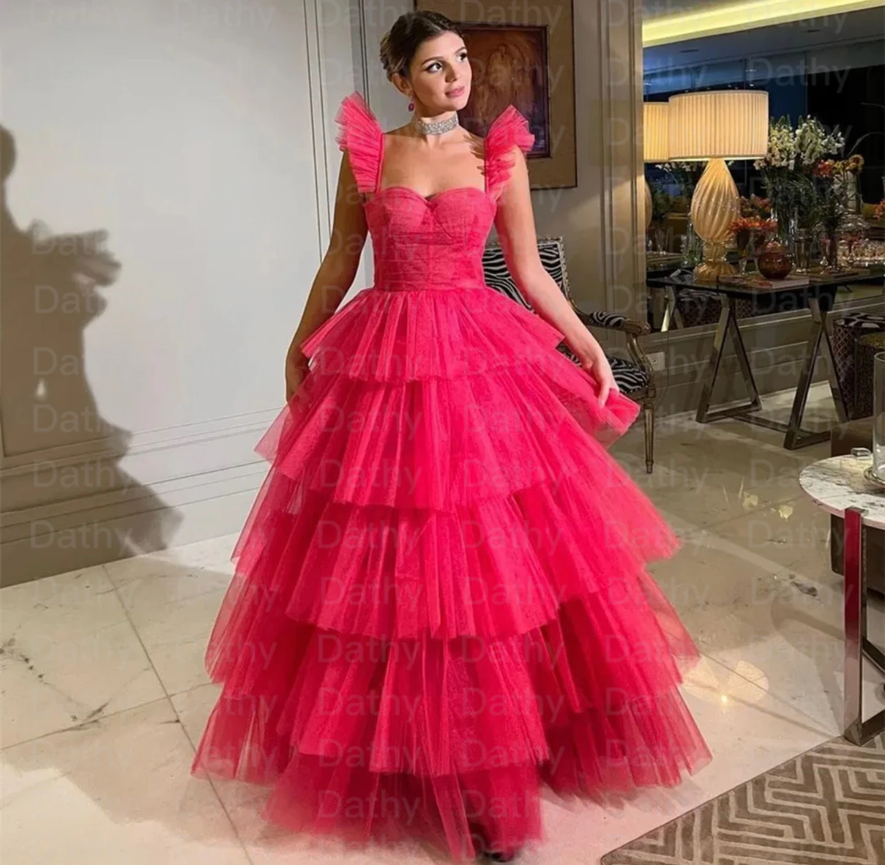 

Dathy Sweetheart Multi-layer Prom Gown Floor lenght prom dress princess Hot Pink ball gown formal dress sleeveless evening dress