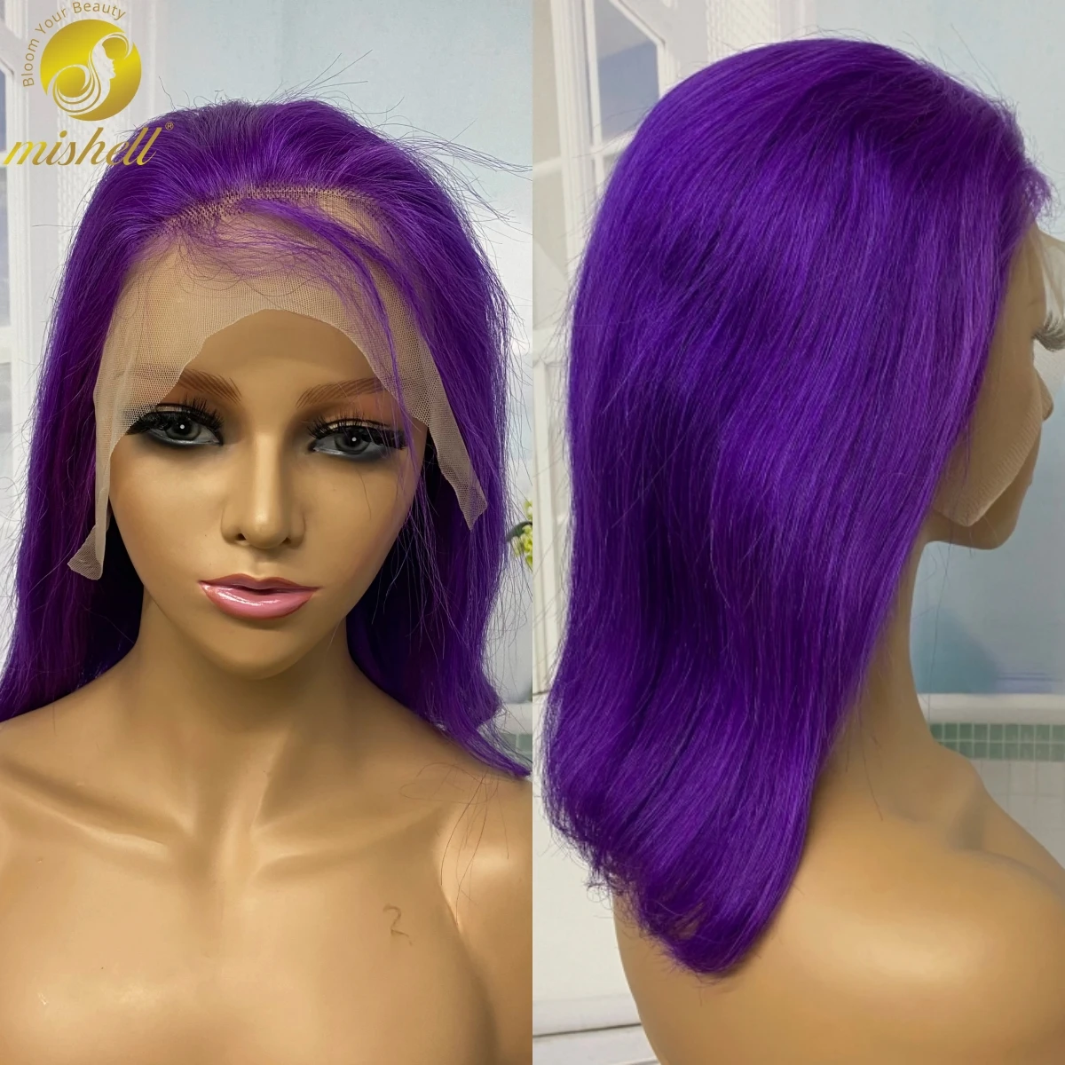 

Straigt Bob Human Hair Wigs 180% Density 13x4 Transparent Lace Frontal Purple Short Wigs for Women Brazilan PrePlucked Remy Hair