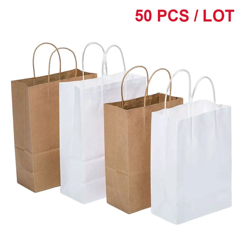 

50Pcs/lot Paper Bags with Handles Small Gift Bag Kraft Paper Packaging Bag for Favors Grocery Business Retail Party Shopping Bag