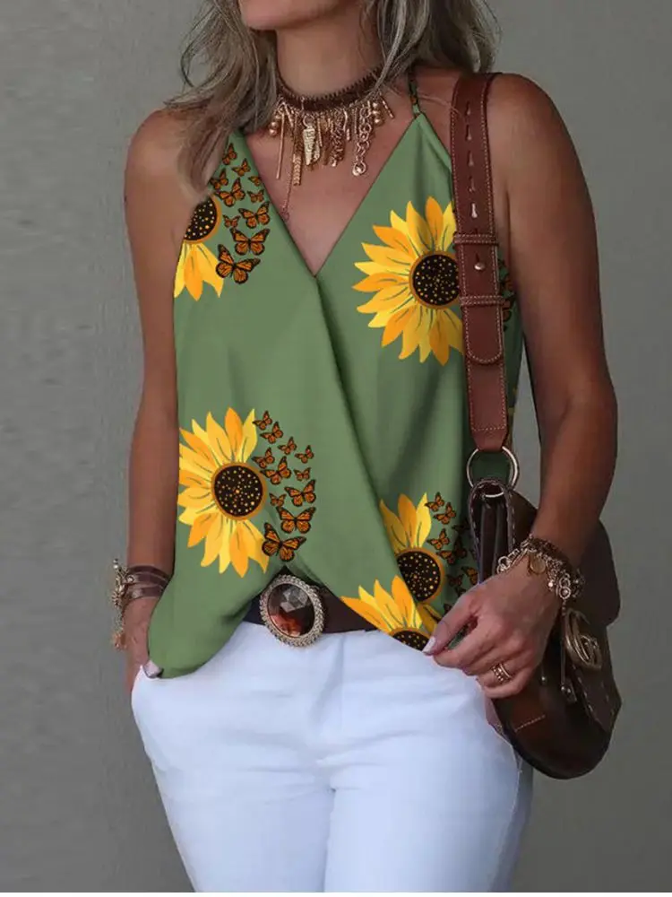 Women Printed Tank Top Front V-Neck Sleeveless Camisole Solid Color Summer Spaghetti Strap Pleated Blouses Work Out Shirts