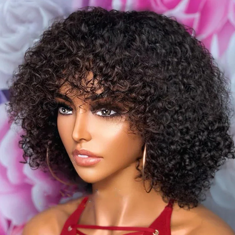 Human hair wigs short natural pixie bob jerry curly cut with bangs Brazilian highlight colored for women