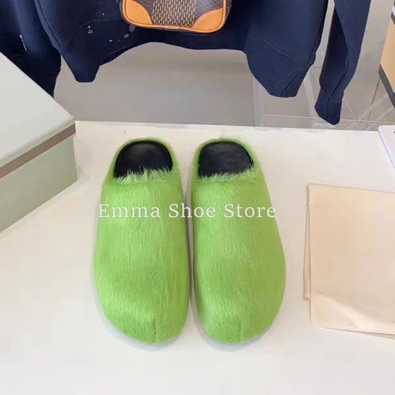 Roman Platform Thick Soled Round Toe Genuine Leather Slippers for Women Horse Hair Half Slippers Casual Flat Shoes Outer Wear 3